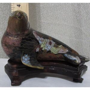 Vintage Cloisonne Chinese Marine Seal Sea Lion Figurine wood stand Marine life